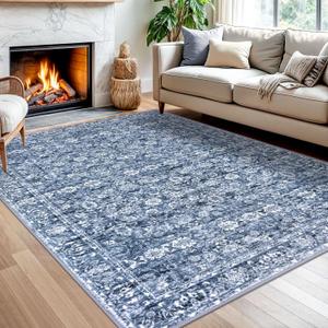 SIILOOM 5x7 Area Rug for Living Room, Blue Large Vintage Floral Rug with Non-Slip, Soft Non-Shedding Washable Rugs for Nursery, Distressed Traditional Farmhouse Carpet for Bedroom Office Home Dcor