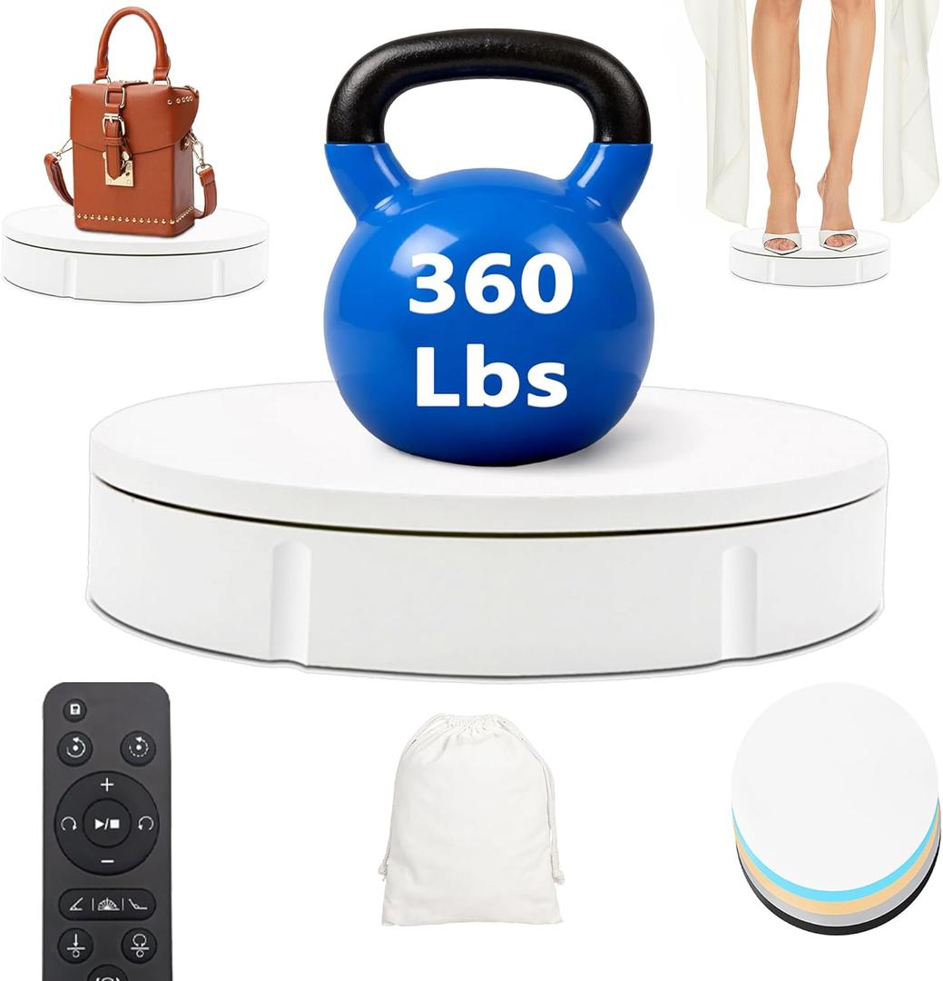 Prolee Rotating Display Stand 360lbs Capacity, 360 Degree Rotating Turntable 12 Inch, Turntable for Photography, Automatic Remote Control Display Platform with 5 Colour Surface Covers and Carry Bag (White)