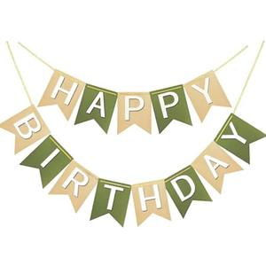 Brown Green Happy Birthday Banner Theme Party Supplies Handmade Pre - Strung Garland Decorations Birthday Tropical Signs Nursery Hanging Decor 13pcs