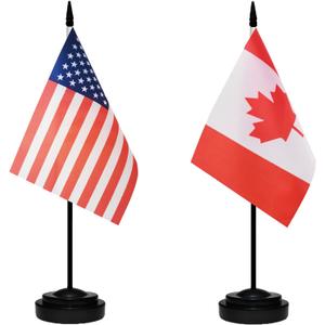 USA American & Canada Canadian CA Desk Flags, US Canada Table Flag, Small Mini American & Canadian CA Twin Table Office Flag, Miniature Canadian CA and US Desktop Flag With 13" Solid Black Pole, Black