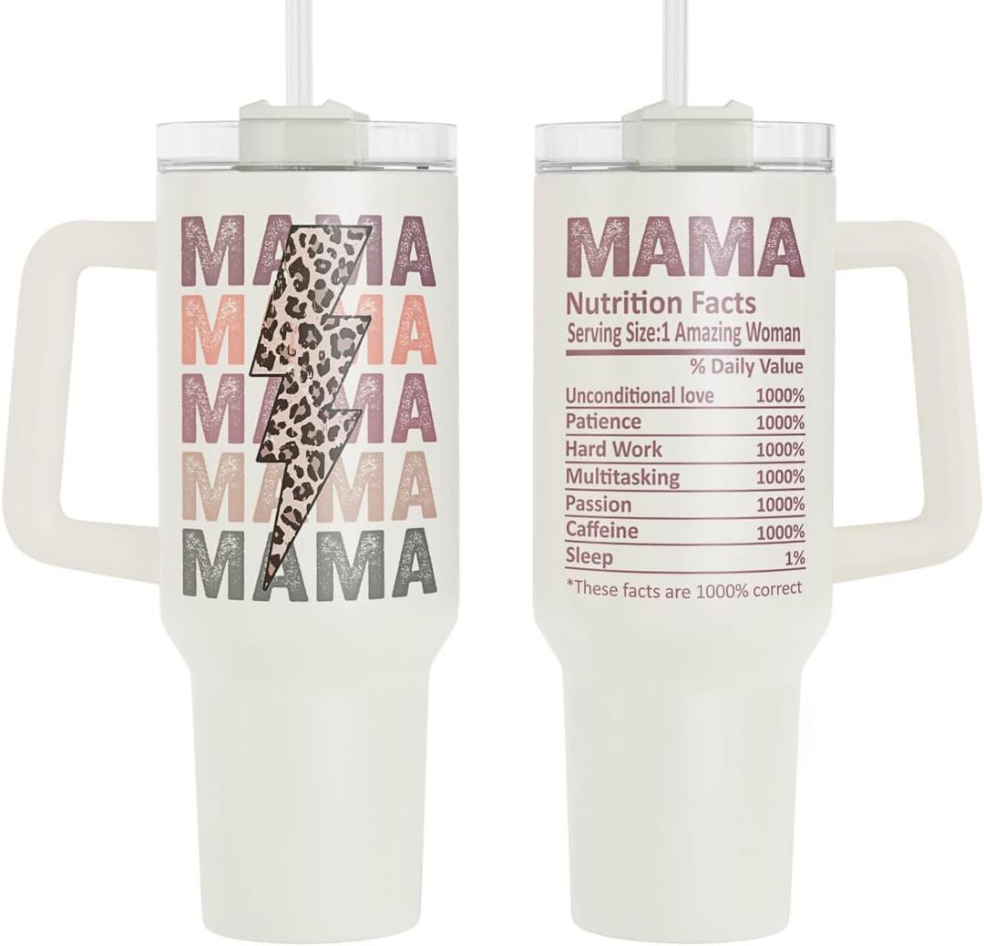 Fancyfams Mama Cup, 40 oz Stainless Steel Travel Tumbler with Handle Lid and Straw, Funny Birthday Present Mom Gift Mothers Day Gifts from Daughter Son, Unique Idea Husband Kids Wife (Mama - 40oz)