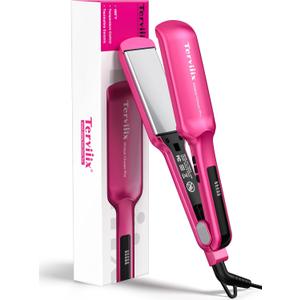 Terviiix 2 Inch Wide Ceramic Hair Straightener Flat Iron for Thick Curly Hair - Heats in 30s, 300F-450F Adjustable, Dual Voltage for Travel, Auto Shut Off, Pink
