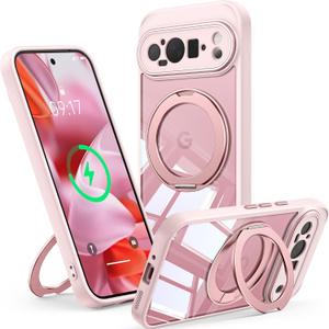 360 Magnetic Stand Case for Google Pixel 9 Pro Fit for MagSafe & Pixelsnap Cover with Ring Holder Shockproof Protective Cell Phone Google Pixel 9 Pro Case - Pink