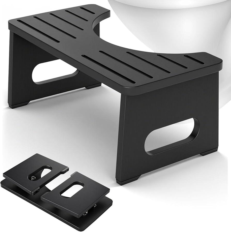 Foldable Toilet Stool, Bamboo Toilet Stool Squat Adults, 7 Inches Poop Stool for Bathroom, Collapsible Potty Step Stool with Non-Slip Strip, Space-Saving, No Assembly (Black)