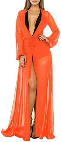 Women's Sexy Thin Mesh Long Sleeve Tie Front Swimsuit Swim Beach Maxi Cover Up Dress, M