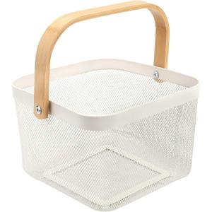 Yopay Mesh Steel Fruit Basket Bin with Wood Handle, White Hanging Storage Organizer, Farmhouse Harvest Gardening Basket for Cabinets, Cupboards, Shelves, Bathroom, Picnic, Shopping