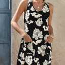 Wenrine Womens Summer Dresses Casual Floral V Neck Sleeveless Loose Boho Beach Tank Dress Sundress with Pockets (Medium, Black)