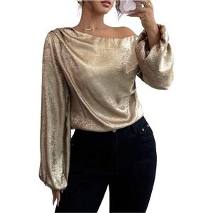 RoseSeek Women's Metallic Off Shoulder Tops Long Bishop Sleeve Blouses Elegant Tops, M