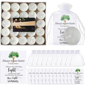 50 Set Funeral Party Favors Memorial White Candles Unscented Funeral Gifts Tealight Candles with Condolence Bereavement Cards and Organza Bags for Guest Celebration of Life Decorations (Classic)