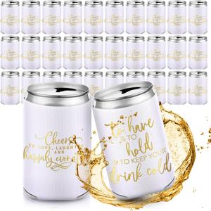Qinyoung 50 Pieces White Wedding Can Cooler Sleeves Bulk Engagement Party Favors for Guests Beer Cooler Cheers to Love Laughter Happily Ever After Rehearsal Dinner Decorations for Wedding Bridal