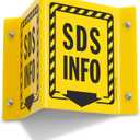 SmartSign "SDS Info" Two-Sided V-Shaped Projecting Sign with Down Arrow and Striped Border, 6 x 5 inch, 120 mil Polished Acrylic, Black and Yellow, Made in USA