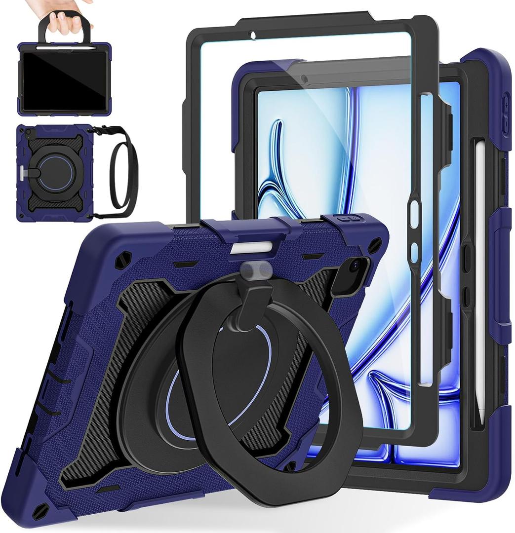 ROISKIN for iPad Air 11 inch Case M3 2025/M2 2024(Air 7th/6th Generation)-with HD Screen Protector, 360 Rotating Kickstand/Handle, Shoulder Strap, Pen Holder, Heavy Duty Military Grade - Kids Friendly (Navy Blue)