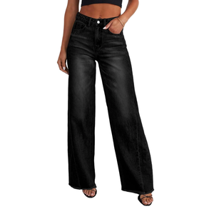 Women's Wide Leg Jeans High Waisted Strechy Raw Hem Zimbaplatinum Denim Pants