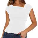 Orchidays Women's Cap Sleeves Gathered Neck Top Casual Fitted T-Shirt White (White)