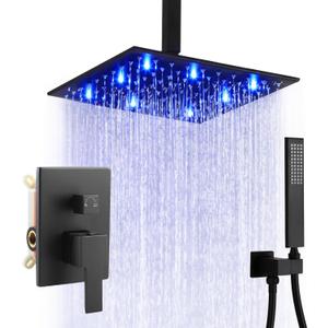 SKOWLL Shower Faucets Sets Complete Ceiling Mount 12 Inch LED Shower Head System with Handheld, Bathroom Rainfall Shower Fixtures Valve Kit, 3 Color Changing Showerhead, Matte Black