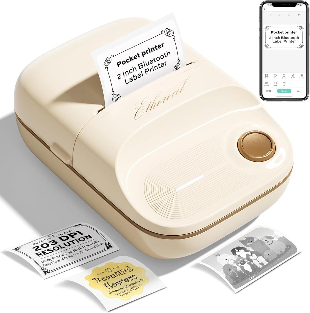 2 Inch Bluetooth Thermal Label Maker Machine - Inkless Portable Label Printer w/ App | 50x30mm Adhesive Labels for Jar, Price, Address & Mailing | Home, Kitchen, Office, School Organization (White)