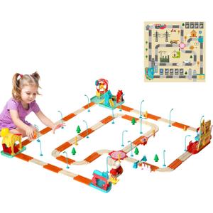 Fisca Slot Car Race Track Sets, 200pcs Flexible Themed City Cars Track Sets for Toddlers with Cars, Toddler Electric Race Raceway Toy for Aged 3+