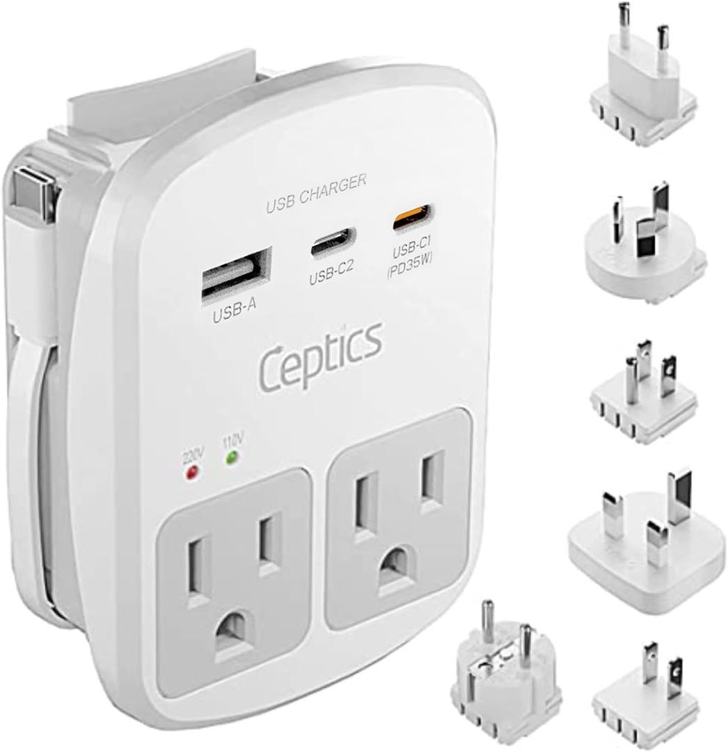 Ceptics 35W Universal Travel Adapter Kit  2 USA sockets, USB-A, USBC, 1x PD 35W USB-C and USBC Cable, Surge Protected, Plugs for EU, UK, China, AU, Japan - for Laptop, Phone, Camera-ETL Tested