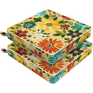 LVTXIII Patio Chair Cushions 19"x19"x3", Water-Repellent Outdoor Seat Cushions for Patio Furniture, Square Chair Pads with Ties for Home Garden Decoration, Set of 2, Floral Multi