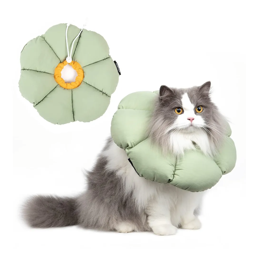 Cat Cone Collar,Cute Waterproof Cat Recovery Collar,Anti-Bite Lick Wound Healing Safety Elizabethan e Collar for Cats,Green Flower All-Season Style