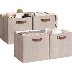 StorageWorks 13x13 Inches Storage Cube, Fabric Storage Bins with PU Handles, Collapsible Organizer Baskets for Closet, Brown and Beige, 4-Pack