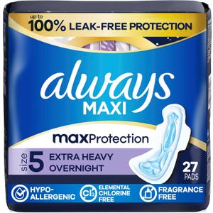 Always Maxi Feminine Pads with Wings for Women, Size 3, Extra Long Super Absorbency, Unscented, Up to 100% Leak-Free Protection, 3/24ct