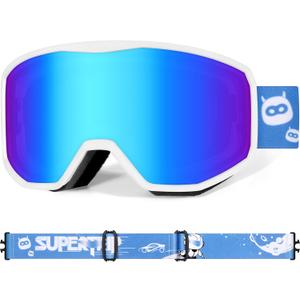 Supertrip Kids Ski Goggles, Anti-Fog Snow Snowboard Goggles for Boys Grils Youth Age 6-14 (White Frame-iceblue Lens)