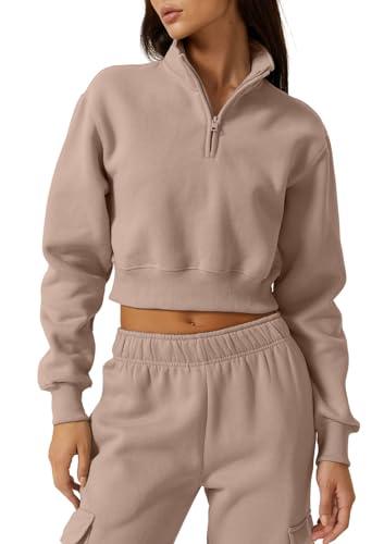 QINSEN Woman's Turtleneck Front Zip Sweatshirt Long Sleeve Cropped Pullover Top Mushroom, M