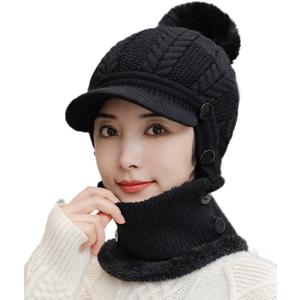 Women One Piece Slouchy Fleece Beanie Hats Scarf Mask Warm Winter Knitted Hat Thick Skull Ski Cap (One Size, A-black)