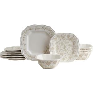 225 Fifth Batik Toile Taupe Porcelain 12-Piece Dinnerware Set  Service for 4, Includes Dinner Plates, Salad Plates & Cereal Bowls, Glossy Finish, Dishwasher Safe, for Everyday Dining & Entertainment