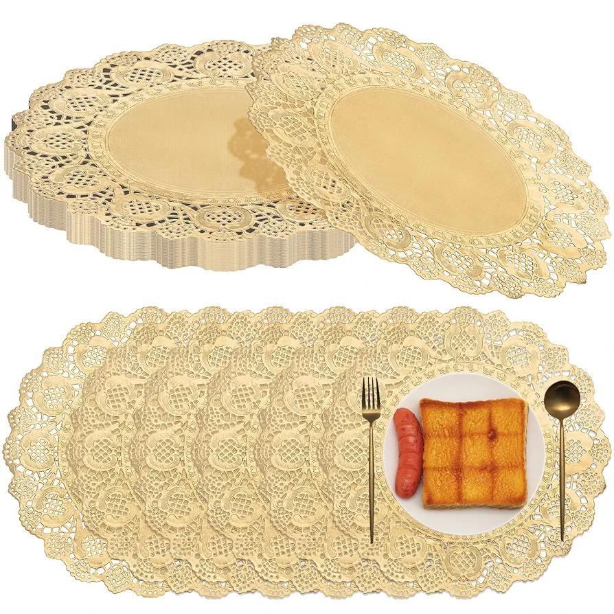 Gueevin 200 Pcs Paper Doilies for Tables Lace Round Paper Placemats Decorative Disposable Placemats Doily Pad for Dinner Plates Dessert Crafts Wedding Tableware(12 Inch,Gold)