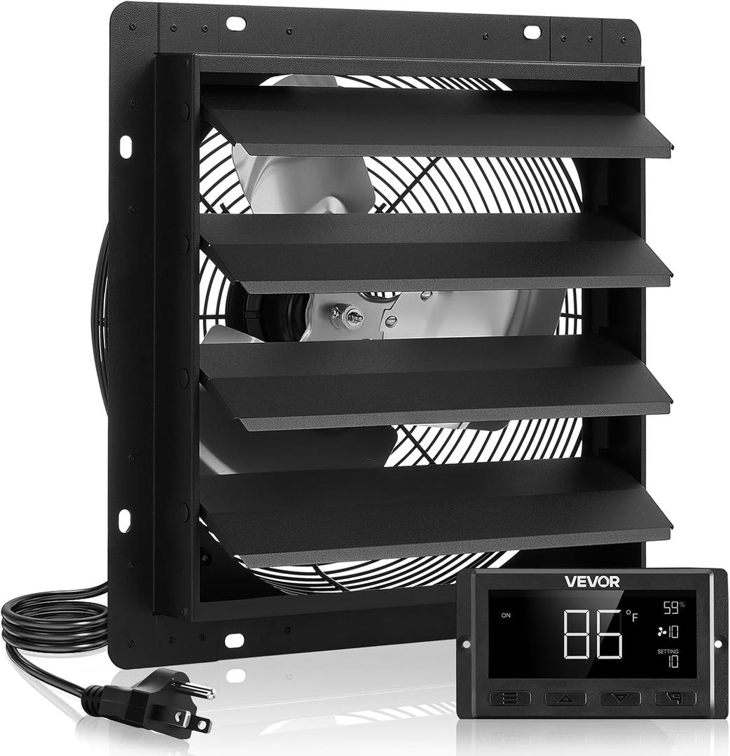 VEVOR 14 inch Exhaust Fan, Wall Mounted Attic Fan with Variable Speed, Temperature & Humidity Controller, 2000 CFM, Automatic Shutter (2025V-Blk)