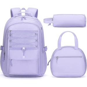 Fimibuke Kids Backpack for Girls, 3 PCS Waterproof Girls Backpack with Lunch Box & Pencil Case, Lightweight Bookbag Set for Kids Teen Girl Travel School Bag for Elementary Middle High School Students Purple