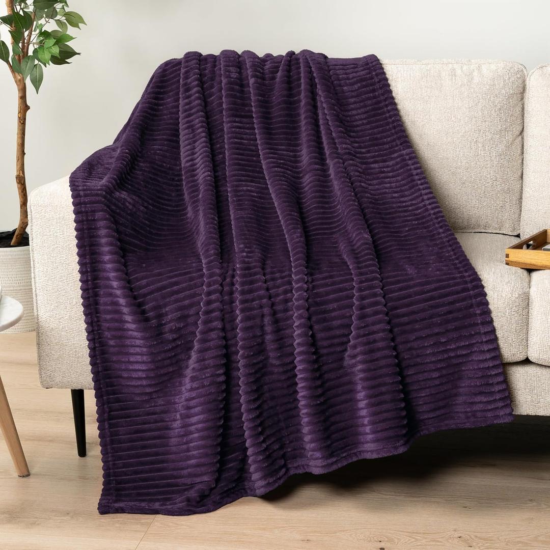 PAVILIA Super Soft Fleece Throw Blanket Eggplant Purple, Luxury Fuzzy Plush Flannel Throw, Warm Cozy Ribbed Microfiber Blanket for Sofa Couch Bed, Lightweight Striped Blanket, Purple, 50x60