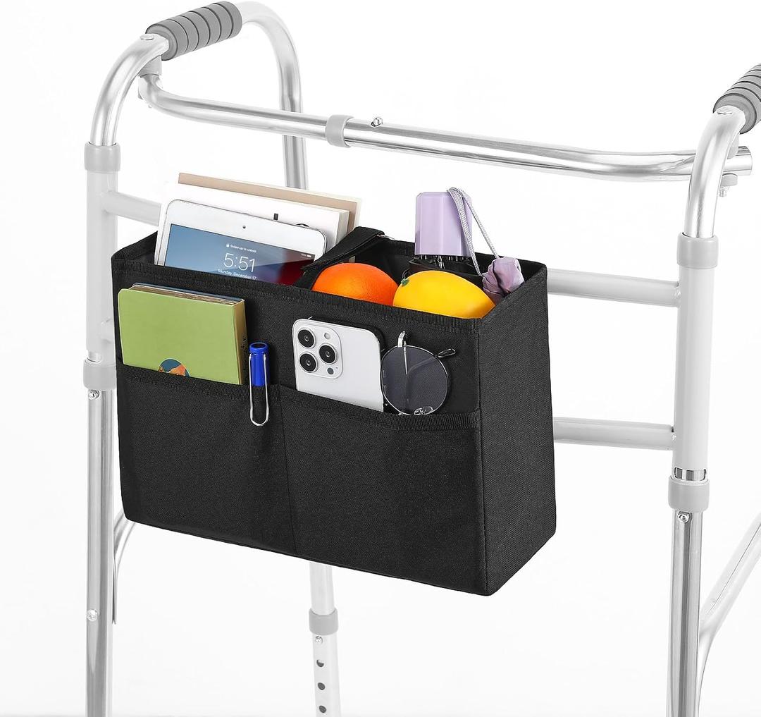 Rhino Valley Walker Basket, Basket for Walkers with Multi Pockets, Hand-free Carry Pouch Storage Bag Walker Accessories for Universal Walkers for Seniors, Black