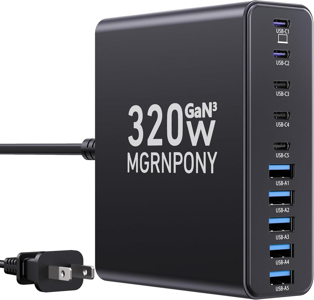 320W USB-C Charger Block, 10-Port USB-C Charging Station GaN III PD 65W Laptop Fast Charger Adapter for MacBook Pro/Air, DELL, iPad, iPhone, Samsung Galaxy Black