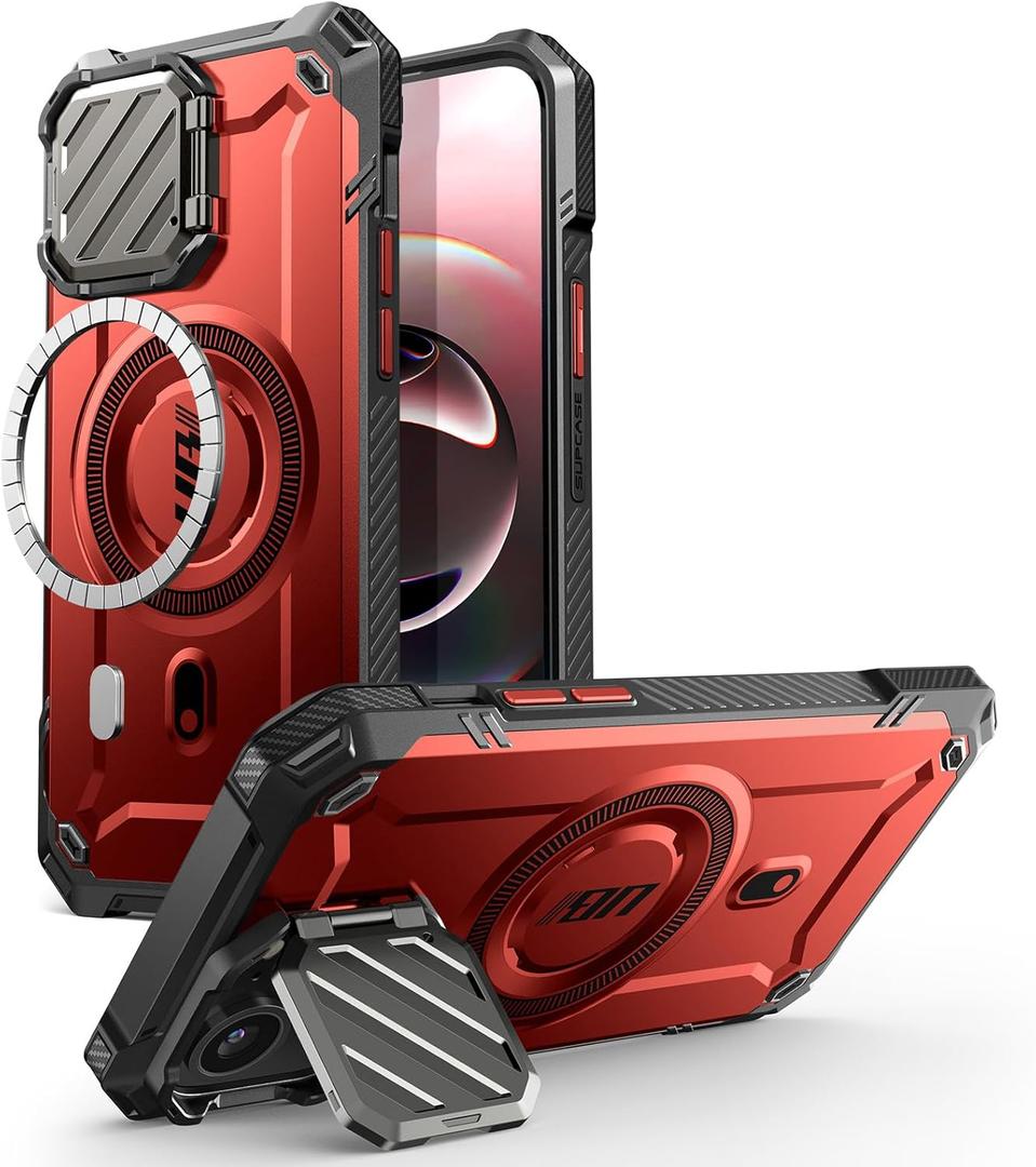 SUPCASE for iPhone 16e/15/14/13 Case with Camera Cover Stand (UBMag XT), [Compatible with MagSafe] [Built-in Kickstand] [Military-Grade Protection] Heavy Duty Magnetic Case for iPhone 16e 6.1", Ruddy