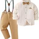 DISAUR Boy Suits Boys Wedding Outfit Dress Shirt with Bowtie/Suspender Pants for Formal Occasion (8-9 Years, Beige)