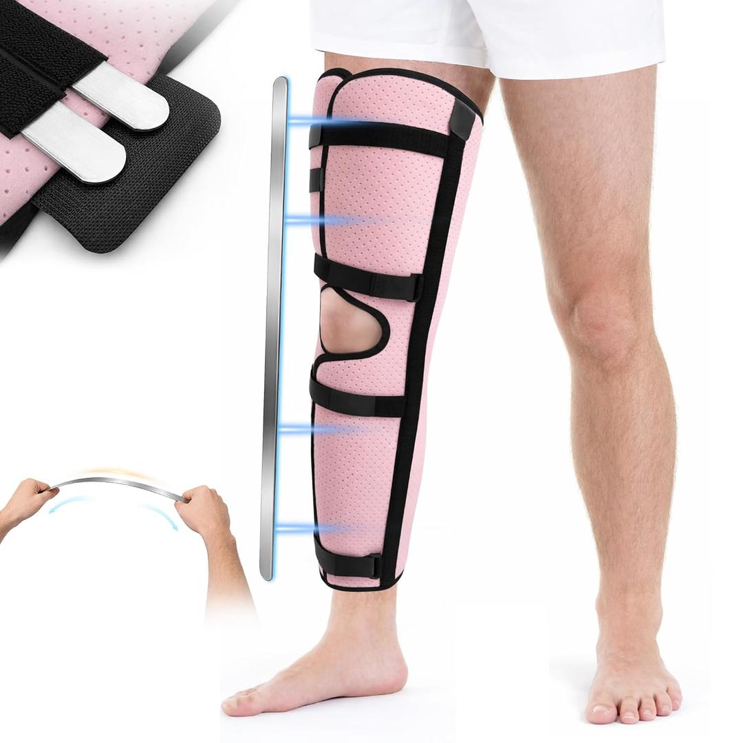 Full Leg Brace with 6 Hook-and-Loop Support Straps, 23" Knee Immobilizer with 4 Removable Bendable Aluminum Stays, Breathable & Soft for Recovery Support, Men & Women (Pink)