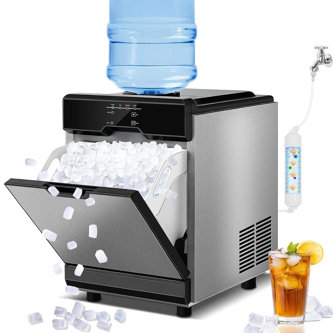 Nugget Ice Maker Countertop Dual Water Inlet Options, 60Lbs/24H Columnar Ice Maker Machine with Self-Cleaning, Pellet Chewable Crunchable Ice Machine with Ice Scoop&Basket for Home/Kitchen/Office