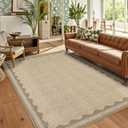 GarveeHome Washable Rugs 5x7 Rug for Living Room, Scalloped 5 x 7 Rug Solid Tan Jute Digital Printing Modern Low-Pile Carpet for Bedroom Dining Nursery Non Slip Mat with Rubber Back