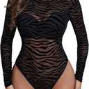 Avidlove Long Sleeve Bodysuit for Women Turtleneck Sheer Mesh Bodysuit Geo Print Leotards, X-Large, Zebra Print 