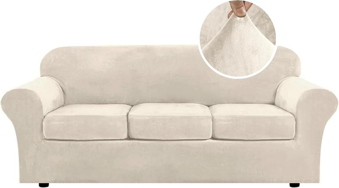 H.VERSAILTEX Modern Velvet Plush 4 Piece High Stretch Sofa Slipcover Furniture Protector Form Fit Luxury Thick Sofa Cover for 3 Cushion Couch, Machine Washable Width Up to 90 Inch(Sofa,Ivory) (3 Cushion Sofa, Ivory)