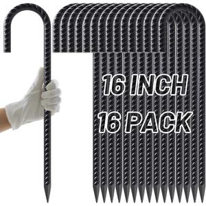 AAGUT Rebar Stakes 16 Inch Heavy Duty 1/2 Inch Diameter J Hook, 16 Pack Black Coated Ground Anchors Chain Link Fence Stakes with Chisel Point End for Large Canopies, Outdoor Inflatables, Swing Set