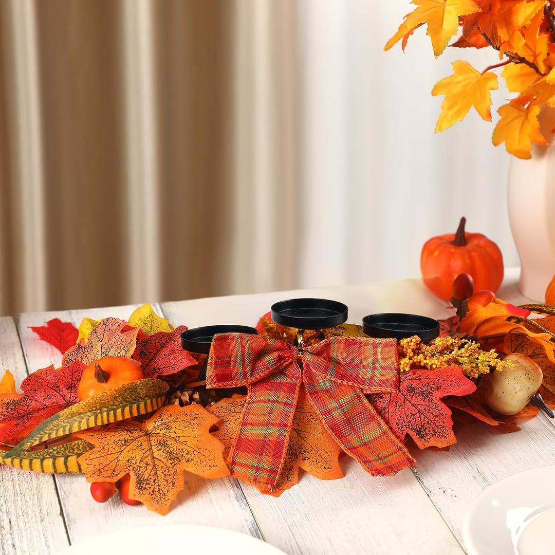Thanksgiving Centerpiece with 3 Candle Holders Maple Leaves Candle Holder Bow Pine Cones Pumpkin Fall Candle Holders Harvest Table Decorations for Home Tabletop Decor, Candles Not Included (Gold)