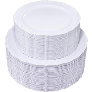 U-QE 100 Pieces White Plastic Plates - White Disposable Plates - Premium Hard Plastic Disposable Plates for Wedding and Party Use Including 50 Dinner Plates 10 '' & 50 Dessert Plates 7.5 ''