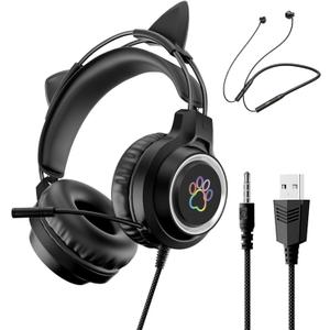 Wired Over-Ear Headphones for PS5 with Microphone + Wireless Neckband Sports Earbuds, Gaming Headset for PC/Nintendo Switch/Mobile, Great Audio Gift for Teenagers Gamers, Black Cat Ears