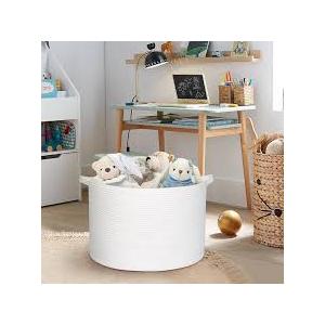 White Basket, 22x19 " Large Blanket Storage for Living Room, Cute Cotton Rope Kids Toy Box, Bathroom Towel Storage, Woven Laundry Basket with Cover, Wicker Bin for Organizing