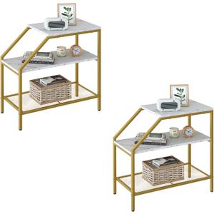 End Table 3 Tiers 2pcs White Marble Wood Nightstand with Storage Ladder Shelf,Industrial Sofa Side Table for Small Space, Modern Trapezoid Plant Stand in Living Room Bedroom,Gold Metal Frame