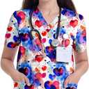 Scrub Tops for Women, V Neck Printed Scrub Tops, Medical Nursing Stretchy Shirts w/ 3 Pockets (X-Large, Colorful Hearts)